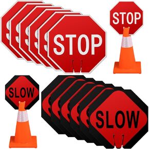 Geetery 6 Pcs 12 x 12 Inches Traffic Cone Top Warning Signs Include PVC Stop and Slow Signs Double Sided for Street Road Barricade Construction in Kuwait