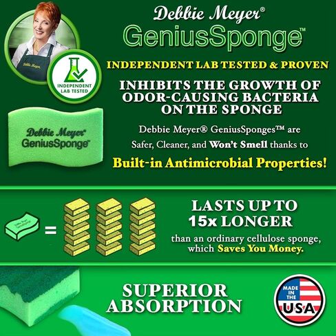 Debbie Meyer GeniusSponges-8 Scrubber Sponges with Built-in Odor Blocking Properties | Non-Scratch Multi-Surface Cleaning for Kitchens, Bathrooms, Essential for Dishes & Messes, Made in The USA in Saudi Arabia
