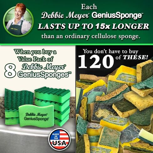 Debbie Meyer GeniusSponges-8 Scrubber Sponges with Built-in Odor Blocking Properties | Non-Scratch Multi-Surface Cleaning for Kitchens, Bathrooms, Essential for Dishes & Messes, Made in The USA in Saudi Arabia