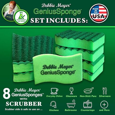 Debbie Meyer GeniusSponges-8 Scrubber Sponges with Built-in Odor Blocking Properties | Non-Scratch Multi-Surface Cleaning for Kitchens, Bathrooms, Essential for Dishes & Messes, Made in The USA in Saudi Arabia