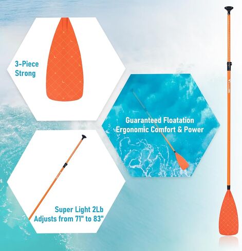 Freein 3-Piece Adjustable & Floating SUP Paddle - Fiberglass Shaft, Nylon Blade (71-83") in Kuwait