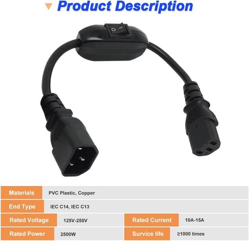 IEC 320 C14 to C13 Power Cable with Switch, 100-250V C14 Male Plug to C13 Female Plug Power Cord with On/Off Switch (2 Pack, 1FT/30cm) in Saudi Arabia