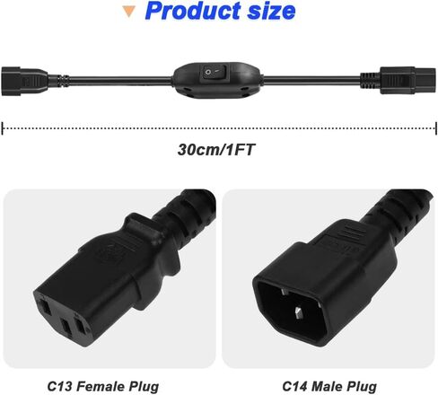 IEC 320 C14 to C13 Power Cable with Switch, 100-250V C14 Male Plug to C13 Female Plug Power Cord with On/Off Switch (2 Pack, 1FT/30cm) in Saudi Arabia