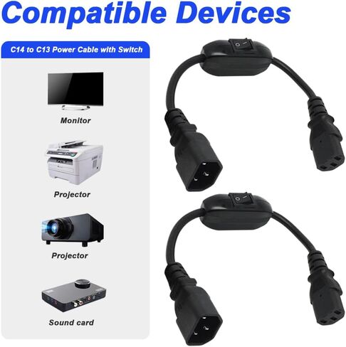 IEC 320 C14 to C13 Power Cable with Switch, 100-250V C14 Male Plug to C13 Female Plug Power Cord with On/Off Switch (2 Pack, 1FT/30cm) in Saudi Arabia