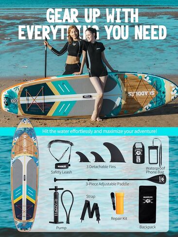 11 'قابلة للنفخ لوحة مجداف - SUP واسعة جدا للبالغين والأطفال من جميع مستويات المهارات ، paddleboard مستقرة مع المضخة ، الزعانف ، حقيبة الظهر ، والاكسسوارات وحقيبة الهاتف المقاومة للماء in Kuwait
