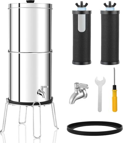 2.25G Ultra-Filtration Gravity Water Filter System，304 Stainless Steel Countertop System with 2 Filters & Metal Faucet，NSF/ANSI 42 Certification，Reduce 99% Chlorine in Saudi Arabia