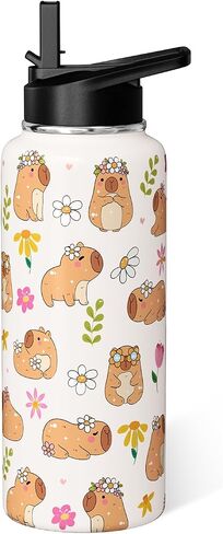 Capybara Water Bottle 18oz لطيف Kawaii Thermoses كأس الرياضة المعزولة مع مقبض وقلب القش Capybara هدايا للأطفال in Kuwait
