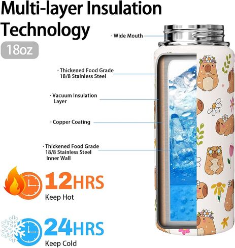 Capybara Water Bottle 18oz لطيف Kawaii Thermoses كأس الرياضة المعزولة مع مقبض وقلب القش Capybara هدايا للأطفال in Kuwait