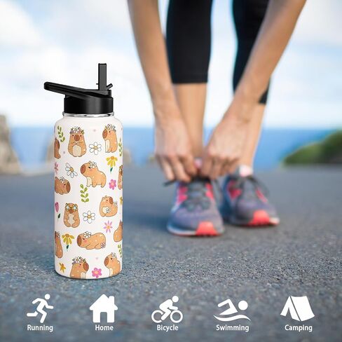 Capybara Water Bottle 18oz لطيف Kawaii Thermoses كأس الرياضة المعزولة مع مقبض وقلب القش Capybara هدايا للأطفال in Kuwait