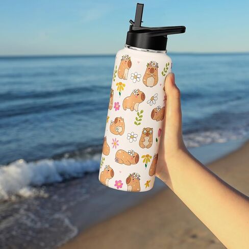 Capybara Water Bottle 18oz لطيف Kawaii Thermoses كأس الرياضة المعزولة مع مقبض وقلب القش Capybara هدايا للأطفال in Kuwait