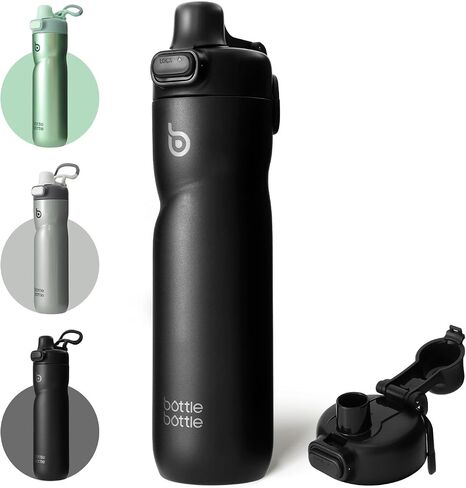 BOTTLE BOTTLE Insulated Water Bottle 24 oz with Handle and Flip Tops Lids Stainless Steel Water Bottle Push Button Lid Leak proof Portable for Running Travel Sports Hiking black in Kuwait