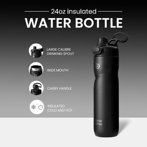 BOTTLE BOTTLE Insulated Water Bottle 24 oz with Handle and Flip Tops Lids Stainless Steel Water Bottle Push Button Lid Leak proof Portable for Running Travel Sports Hiking black in Kuwait