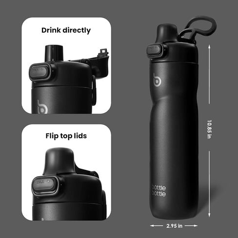BOTTLE BOTTLE Insulated Water Bottle 24 oz with Handle and Flip Tops Lids Stainless Steel Water Bottle Push Button Lid Leak proof Portable for Running Travel Sports Hiking black in Kuwait
