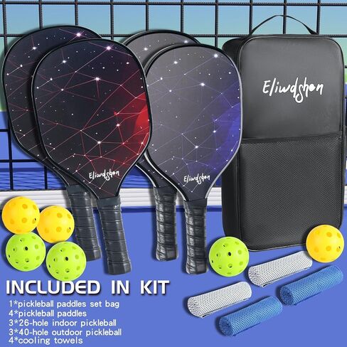 مجموعة Pickleball Paddles مجموعة من 2 أو 4 مع كرات المخلل والحقيبة | مضارب مصنوعة وفقًا لمعايير USAPA | ألياف الكربون/3K الألياف الزجاجية/الخشب | مضرب المخلل للرجال والنساء والأطفال. in Kuwait