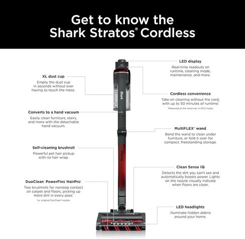 Shark IZ840HRW Stratos Cordless Vacuum with Clean Sense IQ, DuoClean PowerFins HairPro MultiFLEX, Includes Crevice Tool, Up to 50 Minute Runtime, Red (Renewed) in Saudi Arabia
