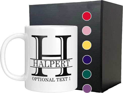 Monogram Monogram Ceramic White 11oz قهوة القدح مع النص المخصص والأحرف الأولى ، Halpert ، Dye Taza Para Cafe Personalizadas ، مخصصة مع خيارات الظهر ، الهدايا المخصصة للرجال ، الهدايا للنساء in Kuwait