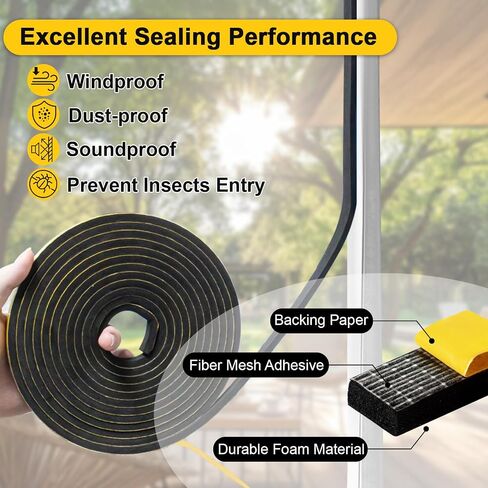 Weather Stripping Door Seal Strip - 16 Feet 1/2" x 1/4" Strong Adhesive Insulation Foam Tape for Front Door Frame, Window Weather Stripping, Soundproof & Windproof, Black in Saudi Arabia