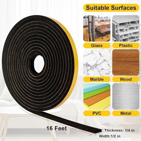 Weather Stripping Door Seal Strip - 16 Feet 1/2" x 1/4" Strong Adhesive Insulation Foam Tape for Front Door Frame, Window Weather Stripping, Soundproof & Windproof, Black in Saudi Arabia