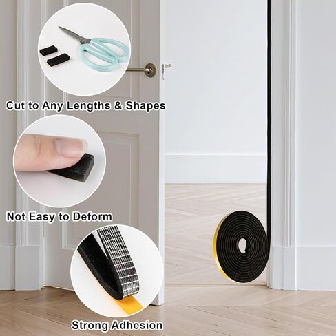 Weather Stripping Door Seal Strip - 16 Feet 1/2" x 1/4" Strong Adhesive Insulation Foam Tape for Front Door Frame, Window Weather Stripping, Soundproof & Windproof, Black in Saudi Arabia