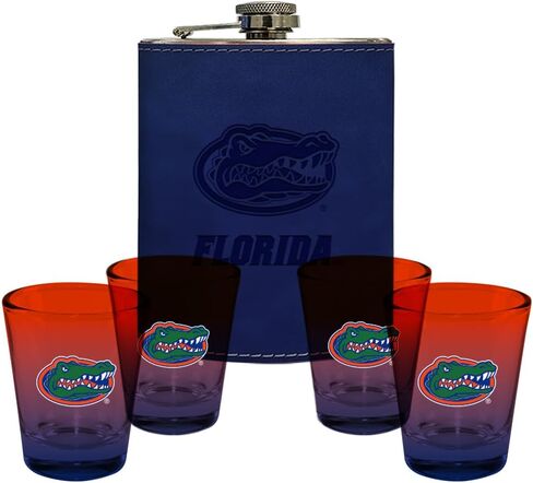 شركة الذاكرة | مرخصة من NCAA Team Logo Leather Flask مع (4) مجموعة أومبير لقطة in Kuwait