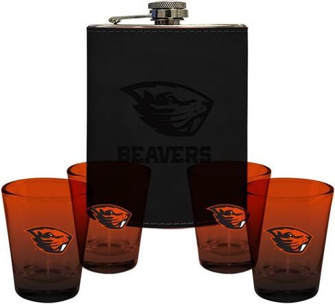 شركة الذاكرة | مرخصة من NCAA Team Logo Leather Flask مع (4) مجموعة أومبير لقطة in Kuwait