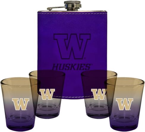 شركة الذاكرة | مرخصة من NCAA Team Logo Leather Flask مع (4) مجموعة أومبير لقطة in Kuwait