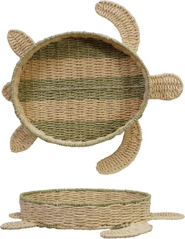 Creative Co-Op Woven Paper Rope Turtle Shaped Basket with Stripes, Natural and Green in Saudi Arabia