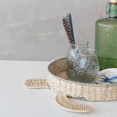 Creative Co-Op Woven Paper Rope Turtle Shaped Basket with Stripes, Natural and Green in Saudi Arabia