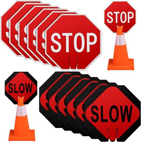 Geetery 6 Pcs 12 x 12 Inches Traffic Cone Top Warning Signs Include PVC Stop and Slow Signs Double Sided for Street Road Barricade Construction in Kuwait
