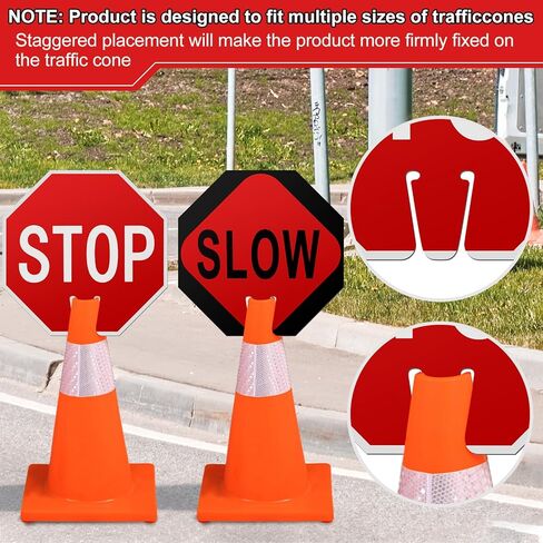 Geetery 6 Pcs 12 x 12 Inches Traffic Cone Top Warning Signs Include PVC Stop and Slow Signs Double Sided for Street Road Barricade Construction in Kuwait