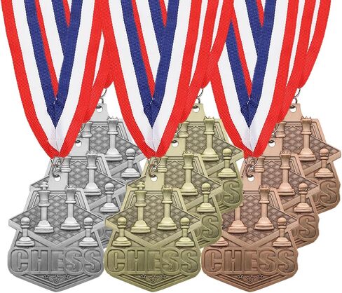 PATIKIL Chess Tournament Table Gold Silver Bronze Award Medals with Red & White & Blue Ribbons, 9 Pcs Winner Medals Prizes for Competitions Sports Party, Gold/Silver/Red in Saudi Arabia