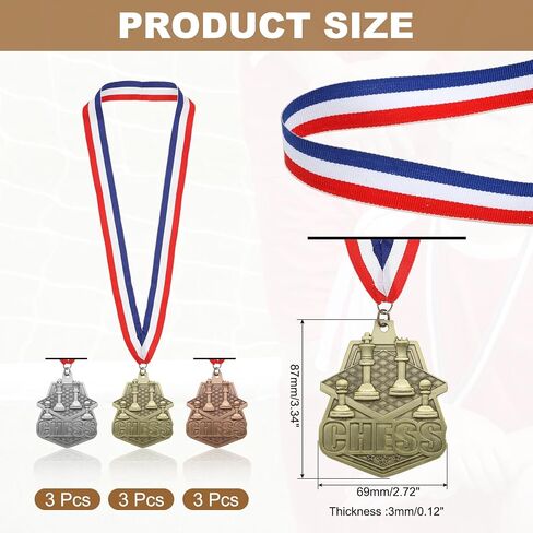 PATIKIL Chess Tournament Table Gold Silver Bronze Award Medals with Red & White & Blue Ribbons, 9 Pcs Winner Medals Prizes for Competitions Sports Party, Gold/Silver/Red in Saudi Arabia