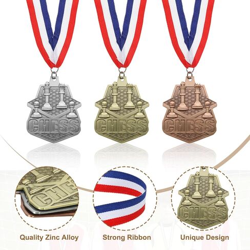 PATIKIL Chess Tournament Table Gold Silver Bronze Award Medals with Red & White & Blue Ribbons, 9 Pcs Winner Medals Prizes for Competitions Sports Party, Gold/Silver/Red in Saudi Arabia
