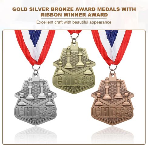 PATIKIL Chess Tournament Table Gold Silver Bronze Award Medals with Red & White & Blue Ribbons, 9 Pcs Winner Medals Prizes for Competitions Sports Party, Gold/Silver/Red in Saudi Arabia