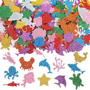 JULBEAR 300 Pieces Glitter Sea Animal Foam Stickers, Colorful Ocean Sea Fish Foam Stickers Bulk Self-Adhesive for Arts Crafts Ocean Theme Party Favors Decoration Home DIY Supplies
