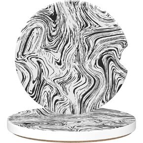 Abstract Marble Pattern Car Cup Holder Coaster,Car Coasters for Cup Holder,2 Pack Black White Wood Texture Anti-Slip Absorbent Ceramic Car Cup Coasters with Finger Notch Cork Base for Women Men 2.56"