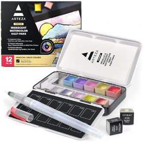 ARTEZA Watercolor Paint Set, 12 Metallic Watercolor Paints, Iridescent Watercolor Paint in Half Pans, Travel Watercolor Set