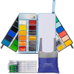 ChiPigments® *Set of 36* Professional Watercolor Pocket Travel Kit - 36 Colors with 7 Water Brushes & Foldable Tote Backpack