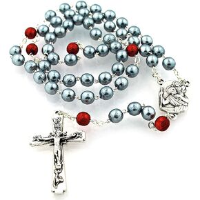 VILLAGE GIFT IMPORTERS Saint Christopher Rosary with Red and Silver Beads, Made in Italy