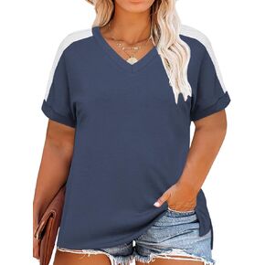 ROSRISS Plus-Size Tops for Women Summer Short Sleeve V Neck Shirts Side Split Tunics XL-5XL
