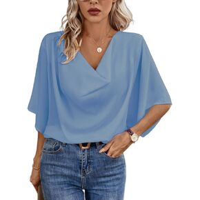 Women's Cowl Neck Batwing Sleeve Chiffon Blouse Loose Fit Work Casual Shirt Tops