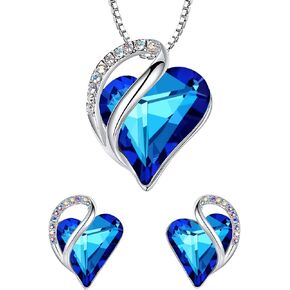 Leafael Infinity Love Heart Necklace and Stud Earrings for Women, September Birthstone Crystal Jewelry, Silver Tone Bundle Gifts for Women, Rainbow Sapphire Blue