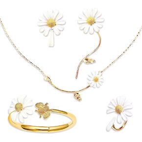 BelugaDesign Daisy Jewelry Set | Cute Kawaii Floral Charms for Women Teens Girls | Matching Necklace Earrings Bracelet Ring | Wedding Summer Spring Fashion April Birth | Gold Yellow Silver Collection