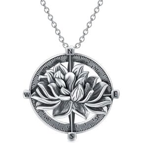 Christmas Gifts Compass Necklace for Women Girl Sterling Silver Lotus Necklace Crystal Necklace Inspirational Gifts for Graduation Friendship Travel