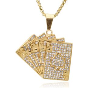 18K Gold Plated Iced Out Stainless Steel Playing Card Poker Pendant Necklace