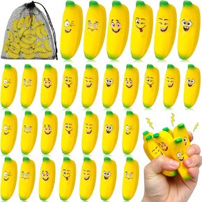 Woanger 24 Pcs Mini Banana Stress Toys Banana Stretchy Toys Ball with Emotions Banana Stress Relief Fidget Toy with Storage Bag for Anxiety Relief School Party Favor Carnival Supplies, 6 Expressions