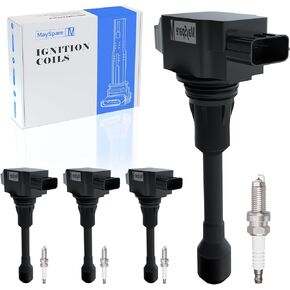 MaySpare Spark Plugs and Ignition Coil Compatible with 2004-2018 Nissan Altima Versa Sentra Rogue Cube QX60 NV200 2.5L 2.0L 1.8L 1.6L UF549 & 9029,Packs of 4