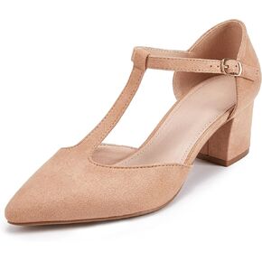 Huiyuzhi Women's T-Strap Pointed Toe Ankle Buckle Chunky Block Heel Pumps in Kuwait