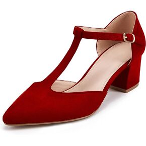 Huiyuzhi Women's T-Strap Pointed Toe Ankle Buckle Chunky Block Heel Pumps