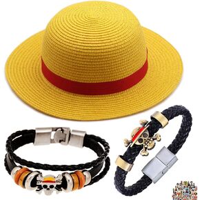 TFYU Small Straw Hat Luffy Bracelets Summer Outdoor Travel Cosplay Anime Jewelry One P. Stickers 23 pcs Yellow